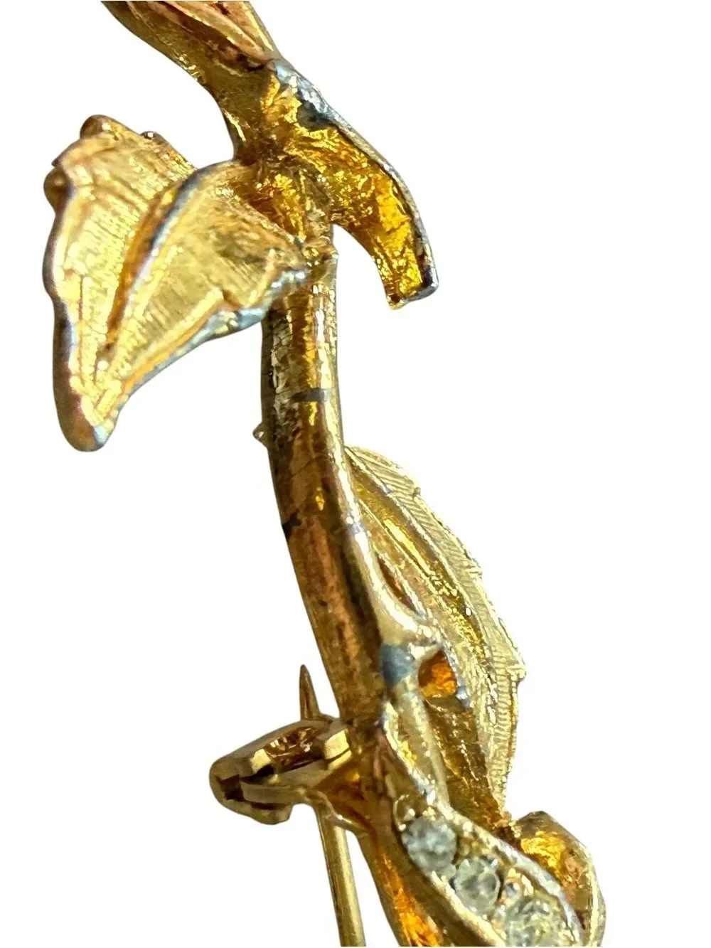 Vintage Gold Tone Long Stem Rose Brooch Pin With White Rhinestone Detail